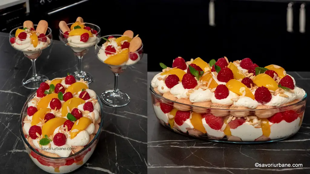 Cheesecake Melba fără coacere cu piersici, zmeură și pișcoturi (tip tiramisu) – rețeta VIDEO