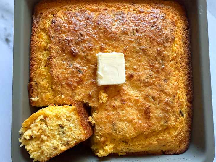 Cornbread made in baking tin.